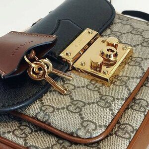 Gucci Tri Color Padlock Supreme Shoulder Bag Leather Handbag Gold Black Brown NW